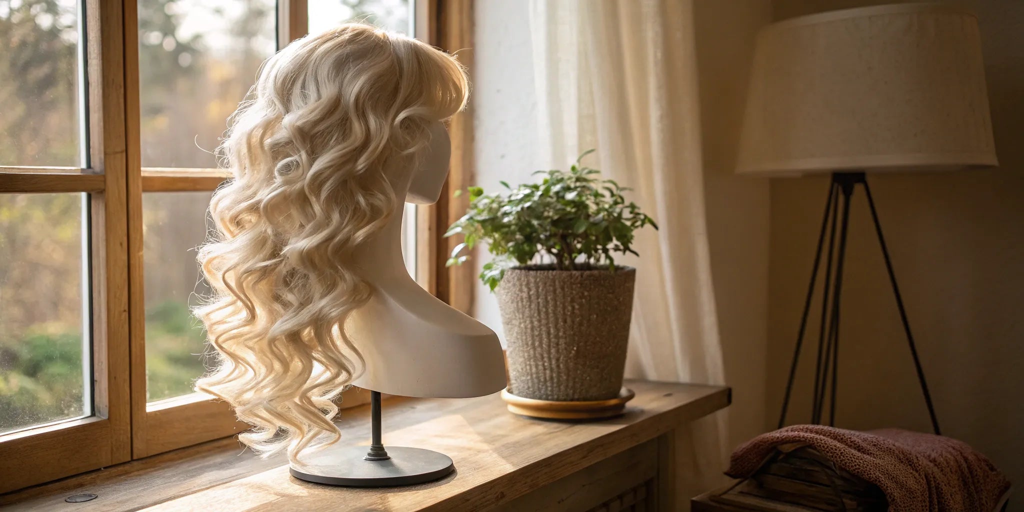 Blonde wavy wig on a mannequin, one of the best wigs to buy online.