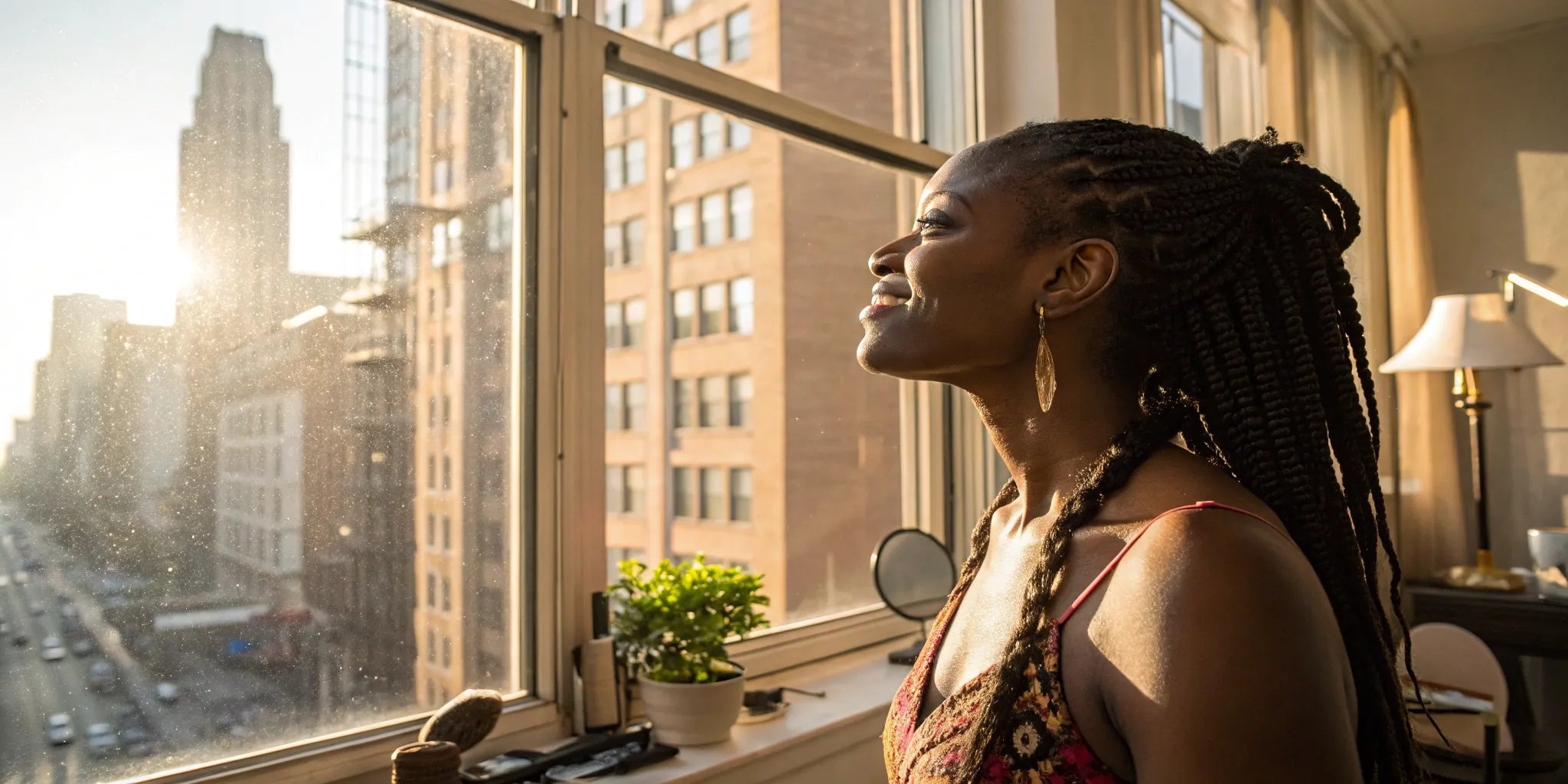 A woman wearing a natural-looking, braided human hair wig.