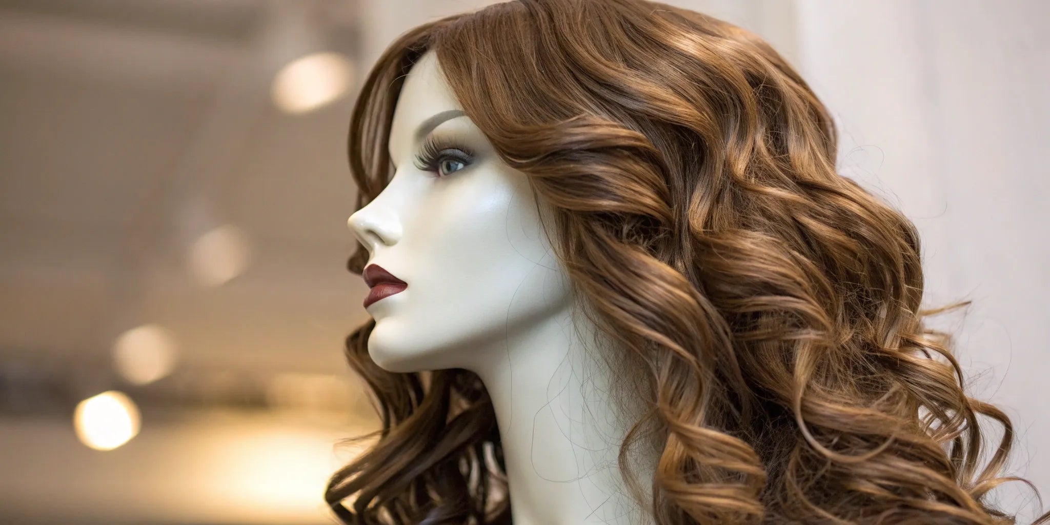 Mannequin with a long, wavy brown wig for long hairstyles.
