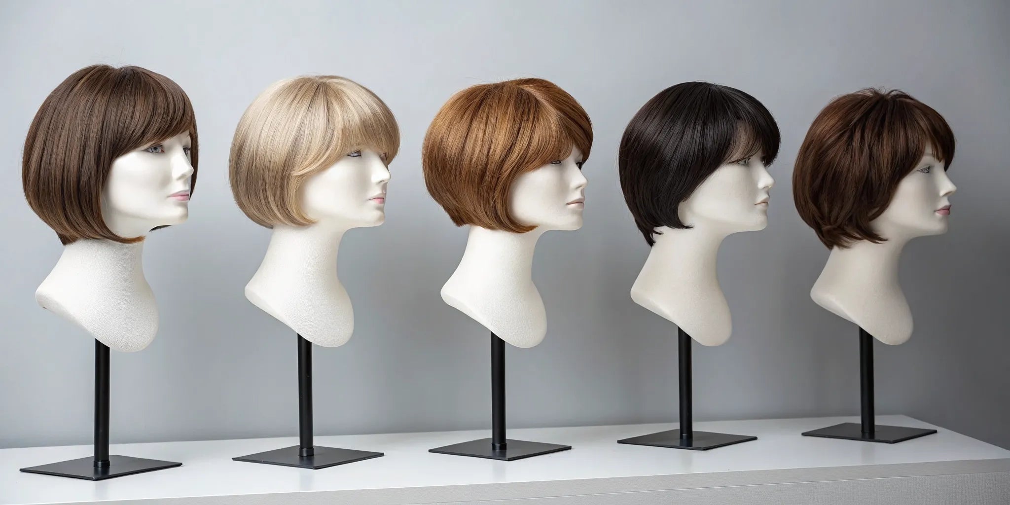 Stylish short human hair wigs in a variety of cuts, including bobs and pixies.