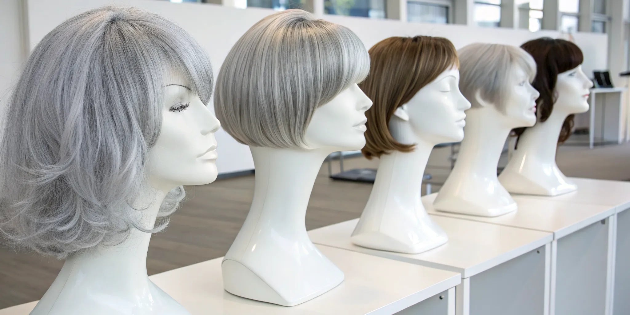A variety of short silver wigs in different styles and shades on mannequin heads.