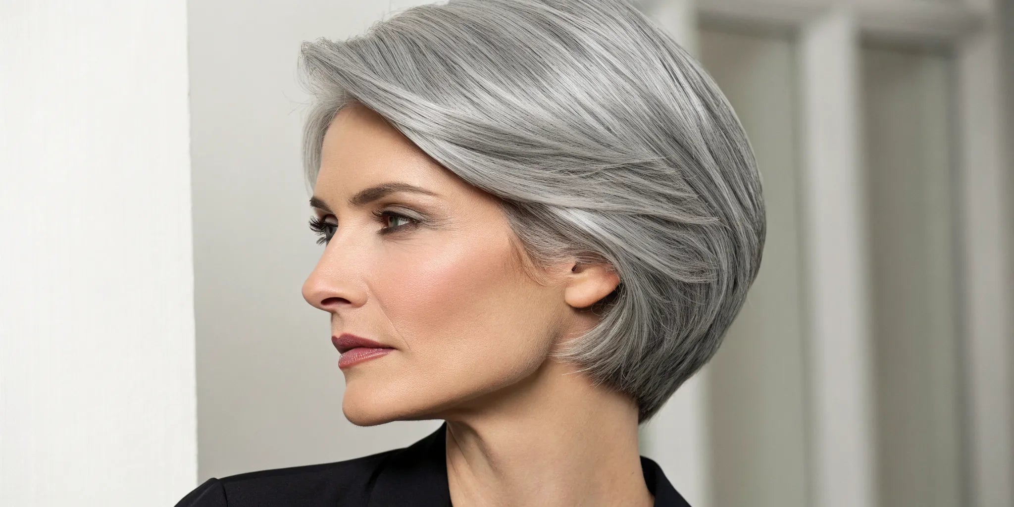 Short gray wig with natural volume and a side part.