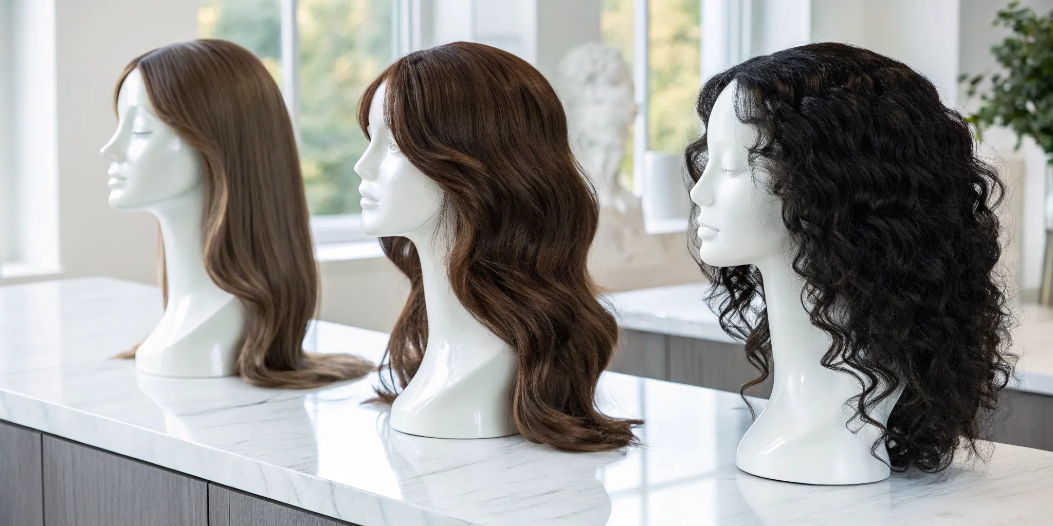 A selection of the best human hair wigs, showing a variety of styles and natural colors.