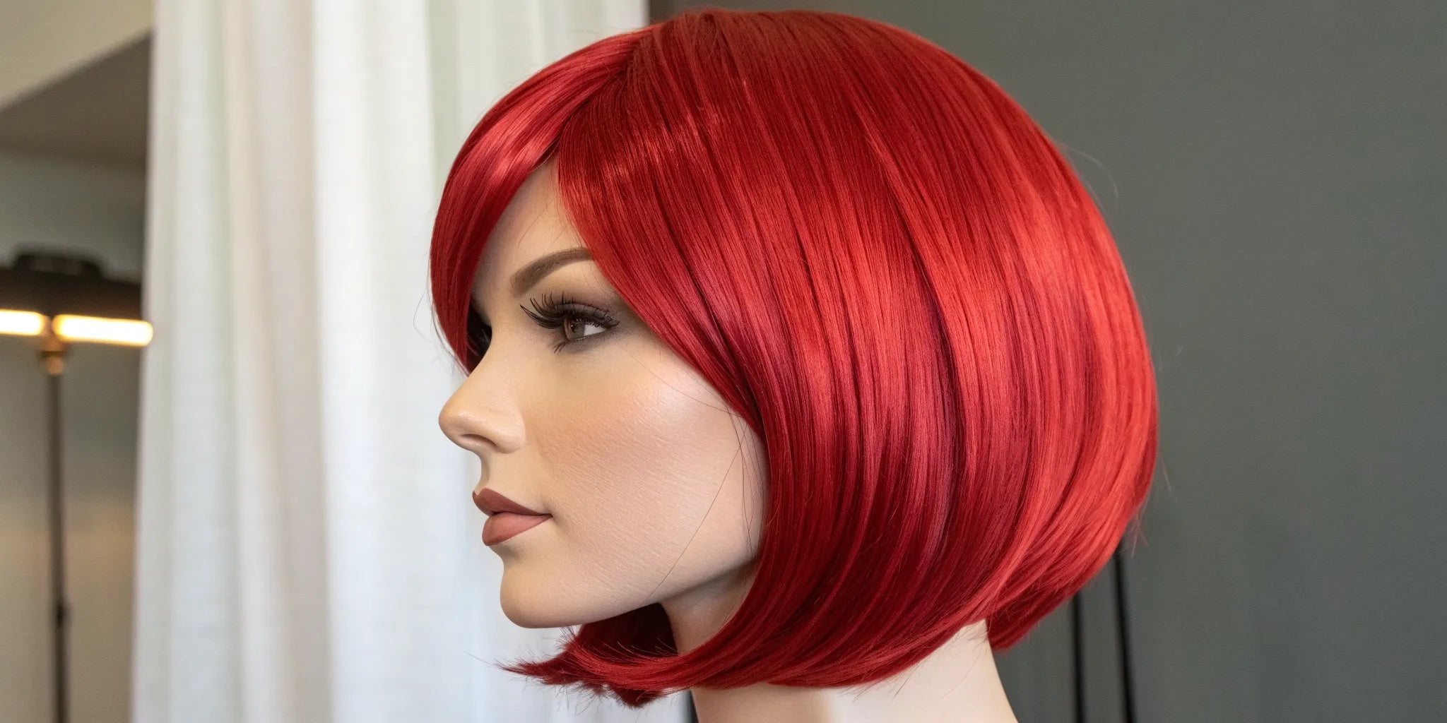 A vibrant red bob wig with a sleek cut and a natural-looking side part.