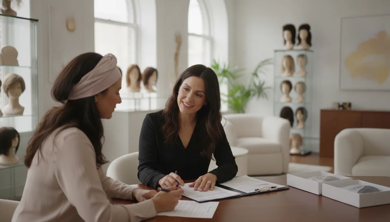 Patient reviewing cranial prosthesis insurance paperwork during a private consultation