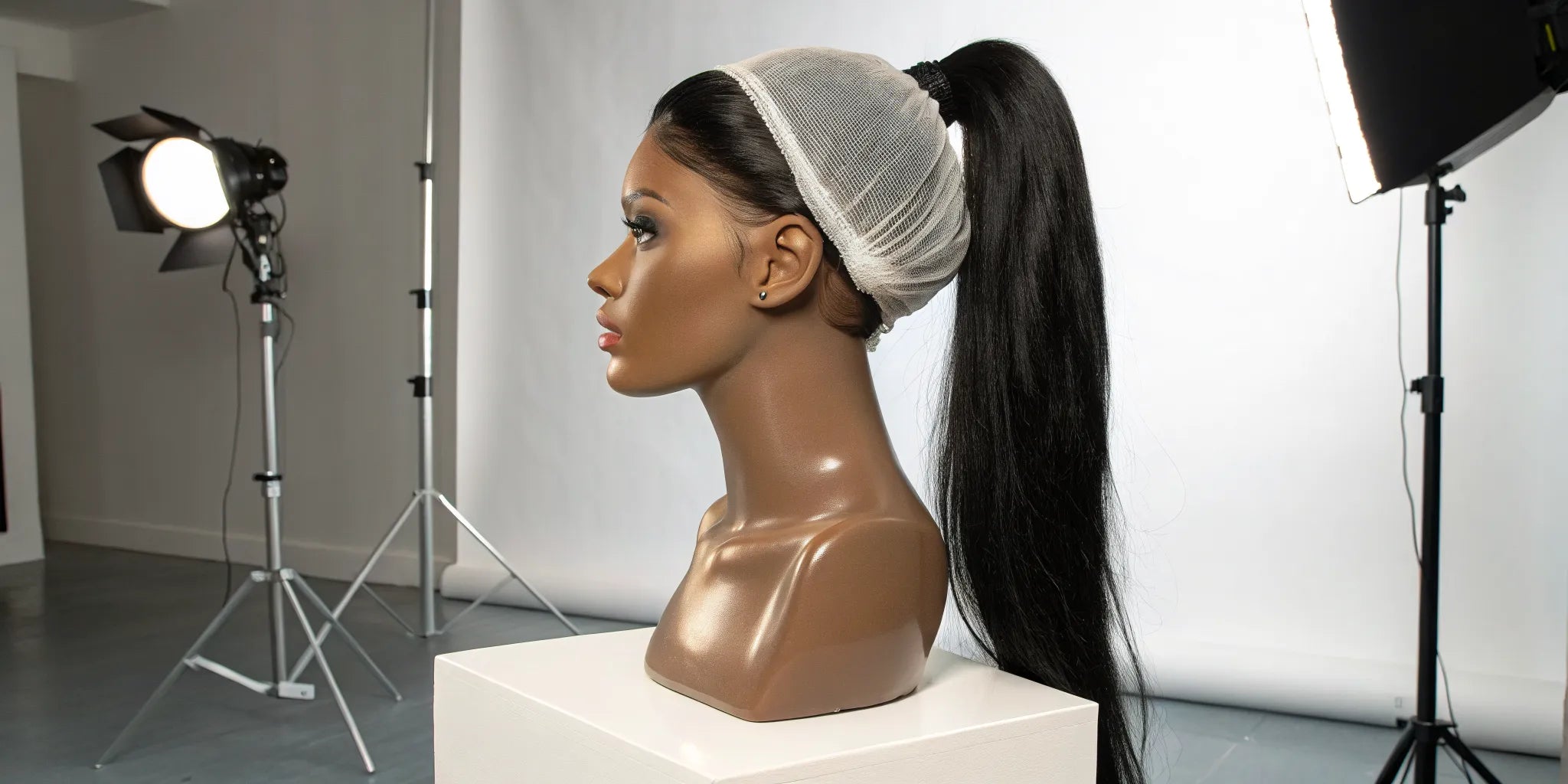 A 360 lace wig on a mannequin styled in a high ponytail to show its natural hairline and lace perimeter.