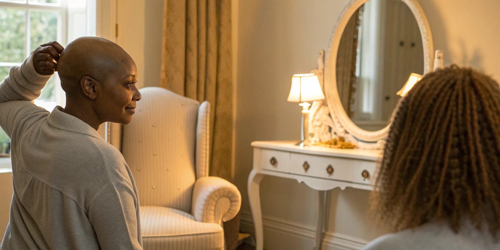 Woman with a bald head smiling in a mirror, feeling hopeful about getting a medical wig.