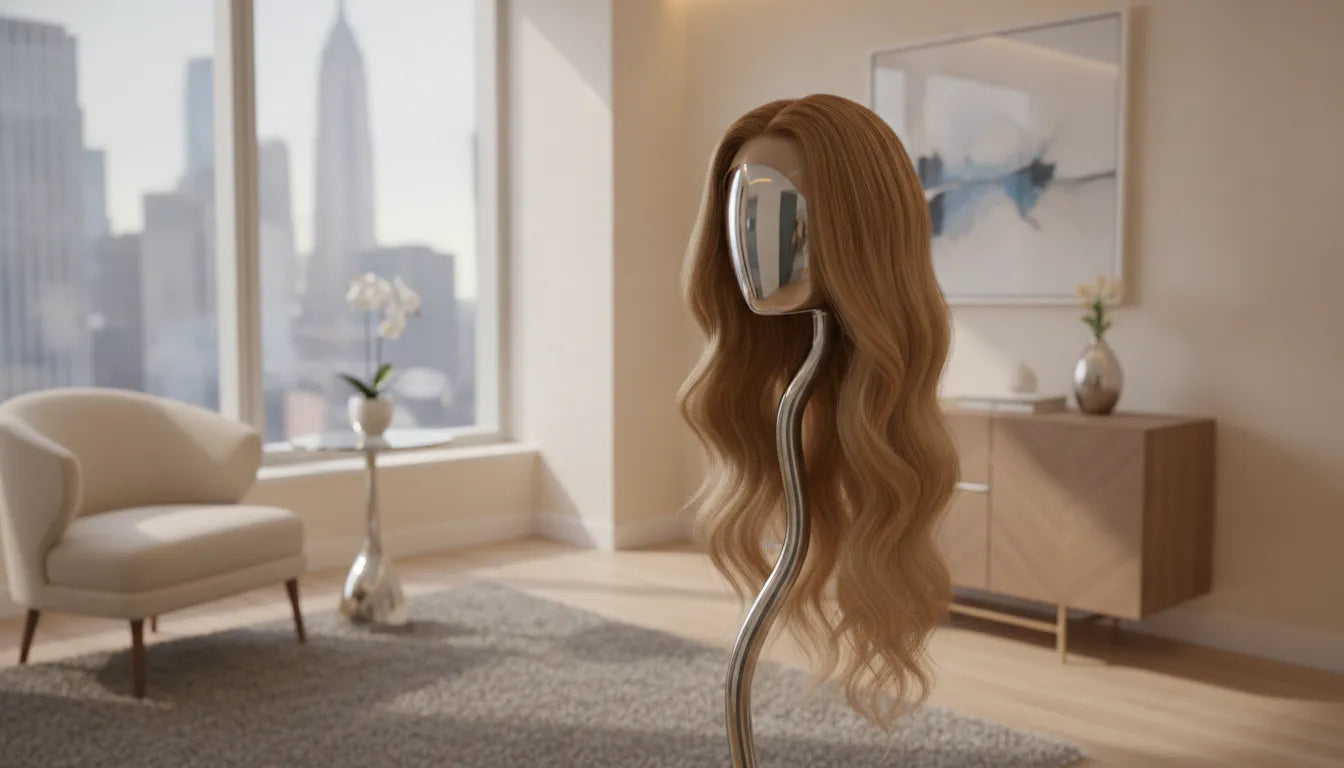 A beautiful realistic medical wig on a stand in a bright NYC consultation room