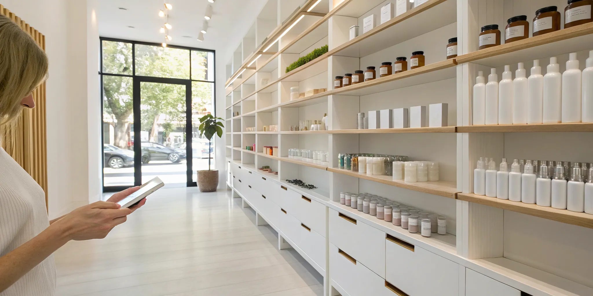 A shopper uses their phone to compare wig glue options in a beauty supply store aisle.