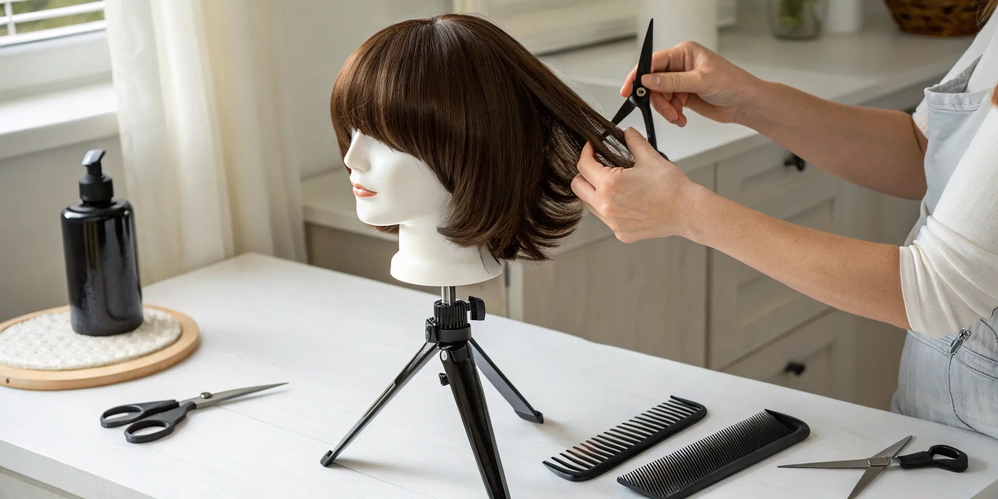 A person carefully cutting a brown wig with professional scissors on a wig stand.