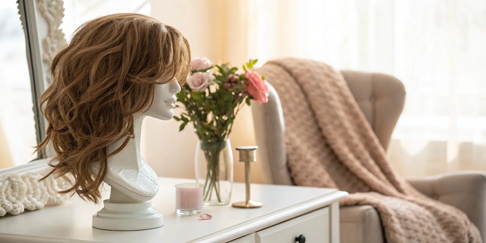 A comfortable, natural-looking wig for alopecia on a mannequin head.