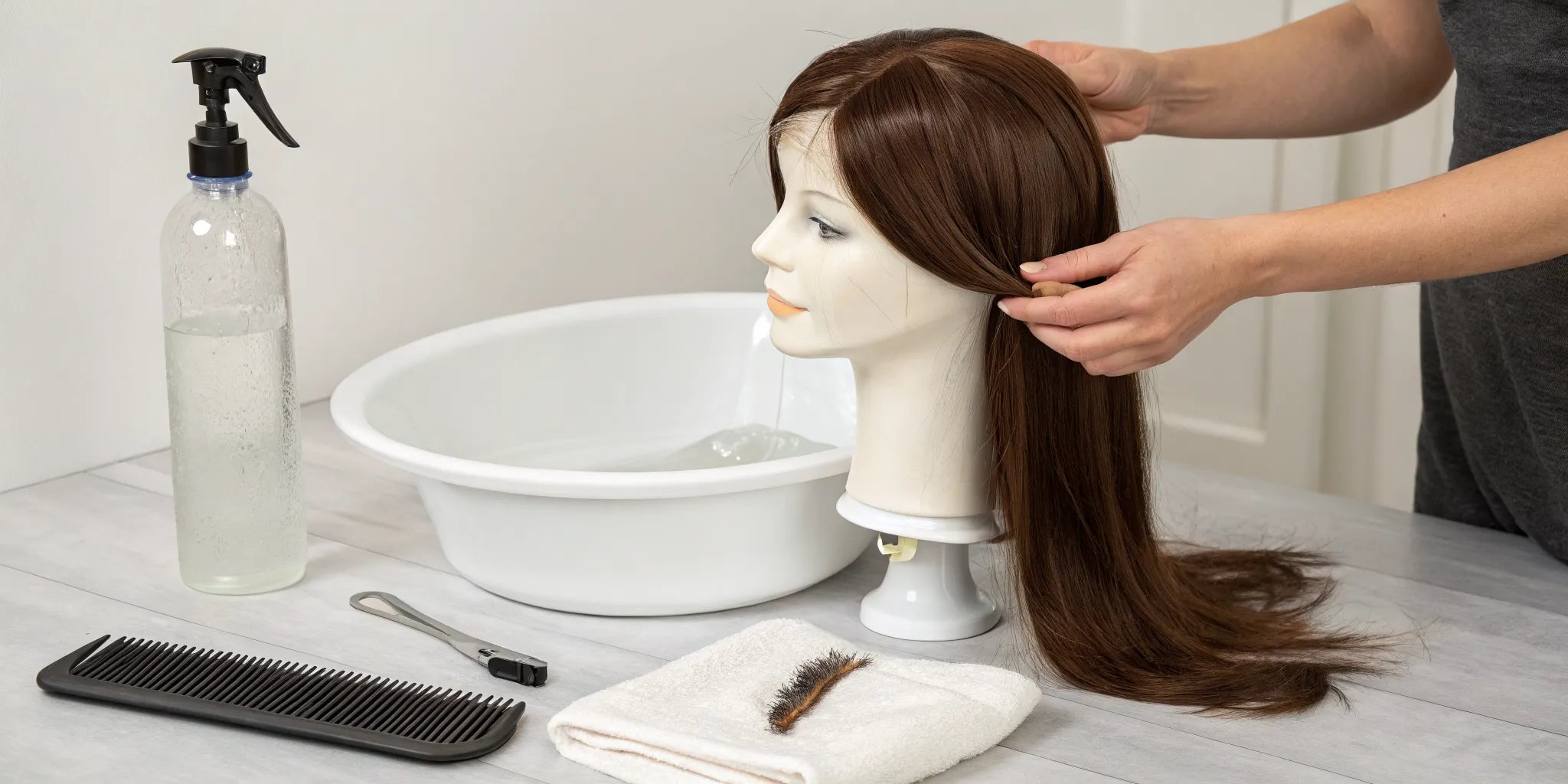 Washing a brown wig on a mannequin head with wig shampoo.