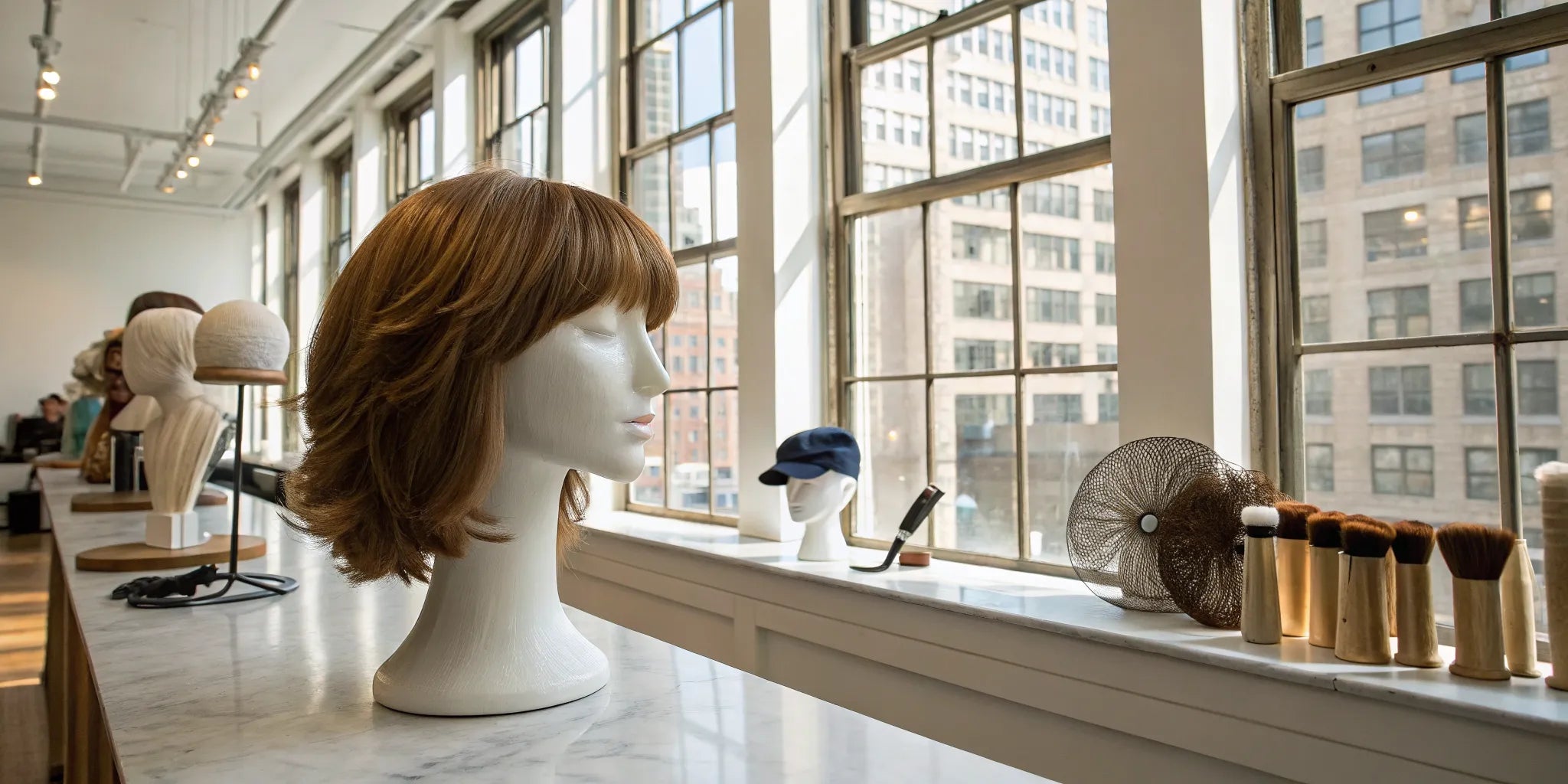 Medical wigs and cranial prostheses on display in a professional NYC wig shop.