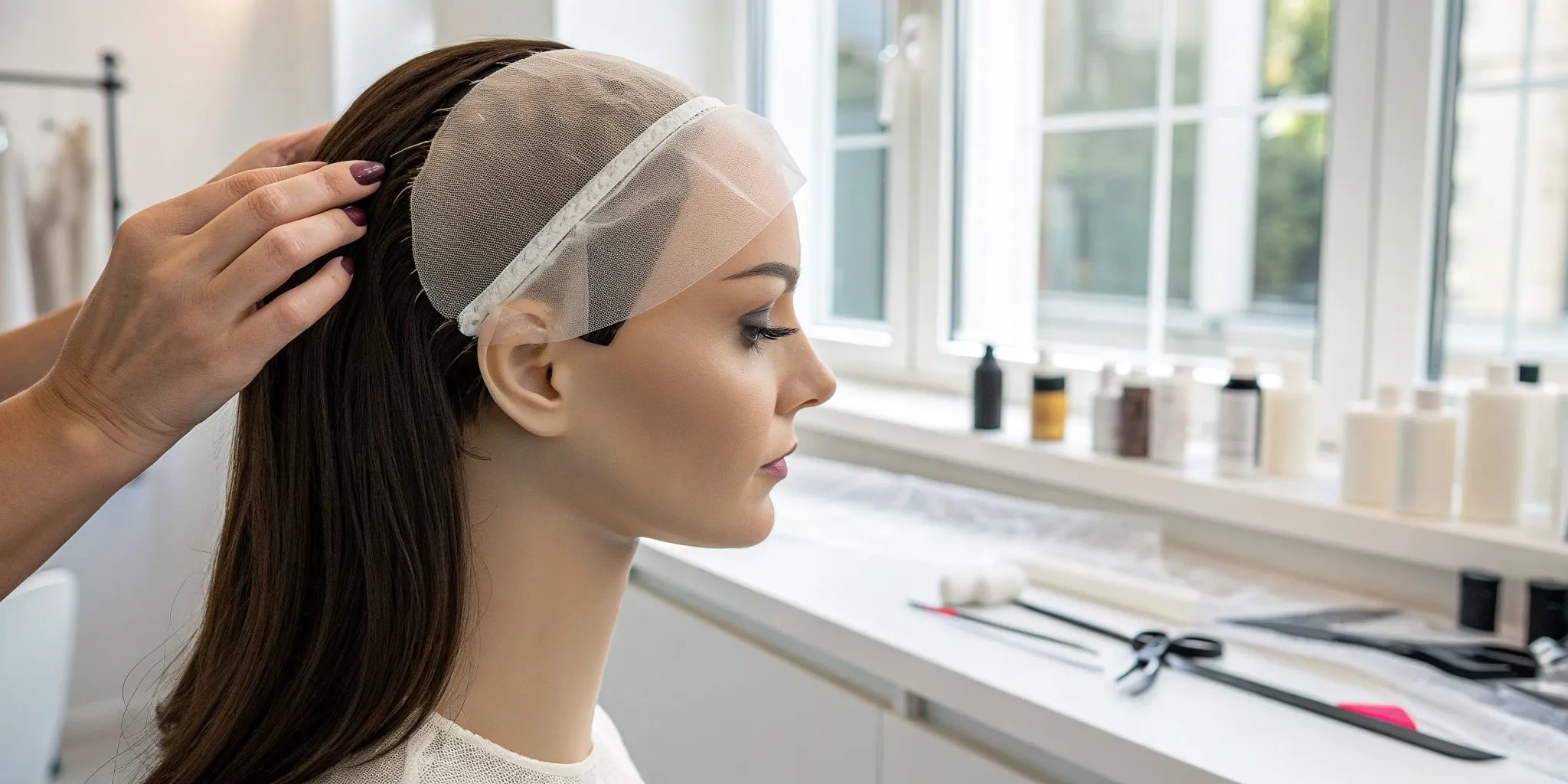 Applying wig tape strips to the inside of a lace wig for a secure fit.