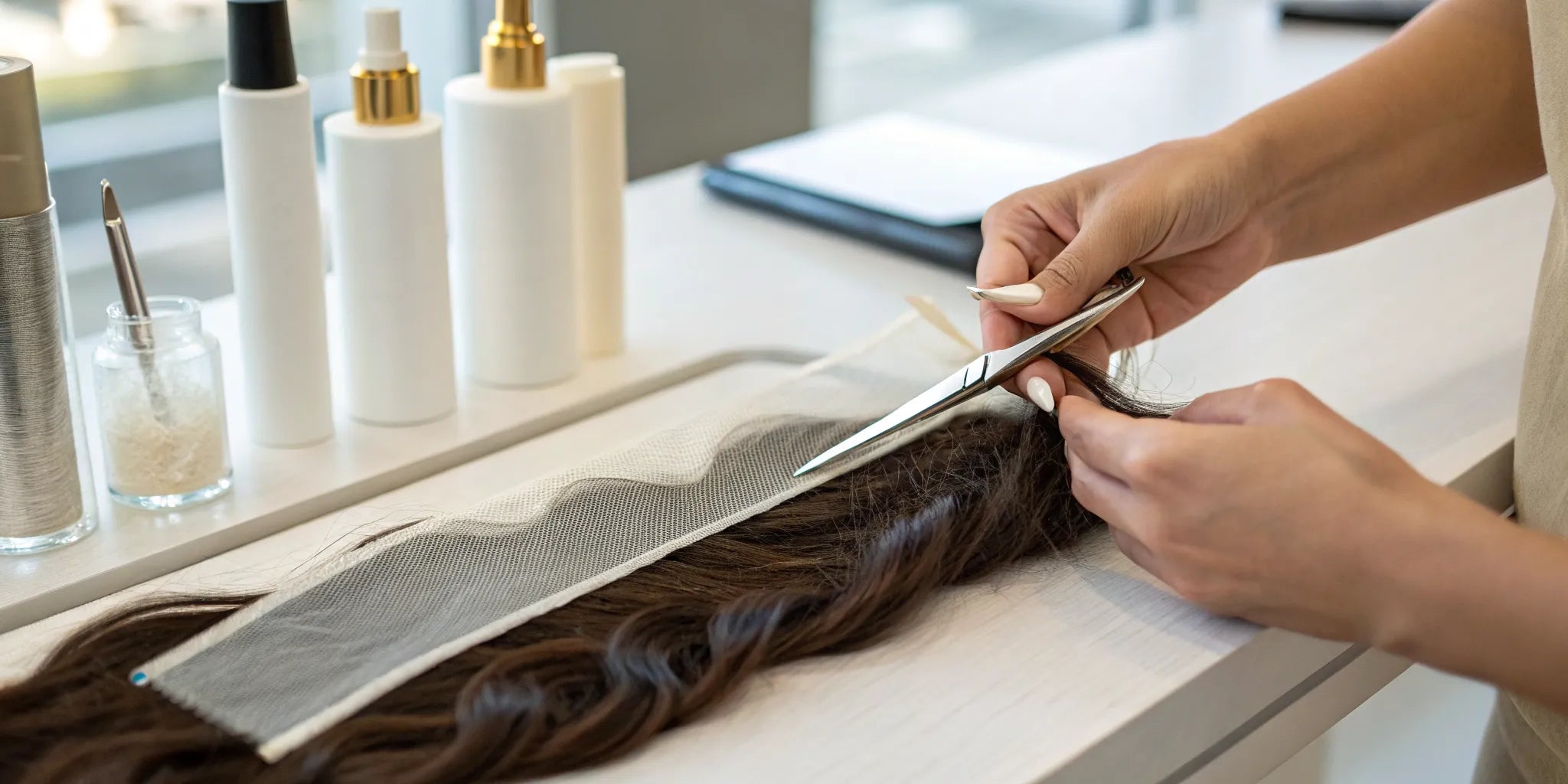 Applying wig tape strips near the hairline of a lace wig for a secure fit.