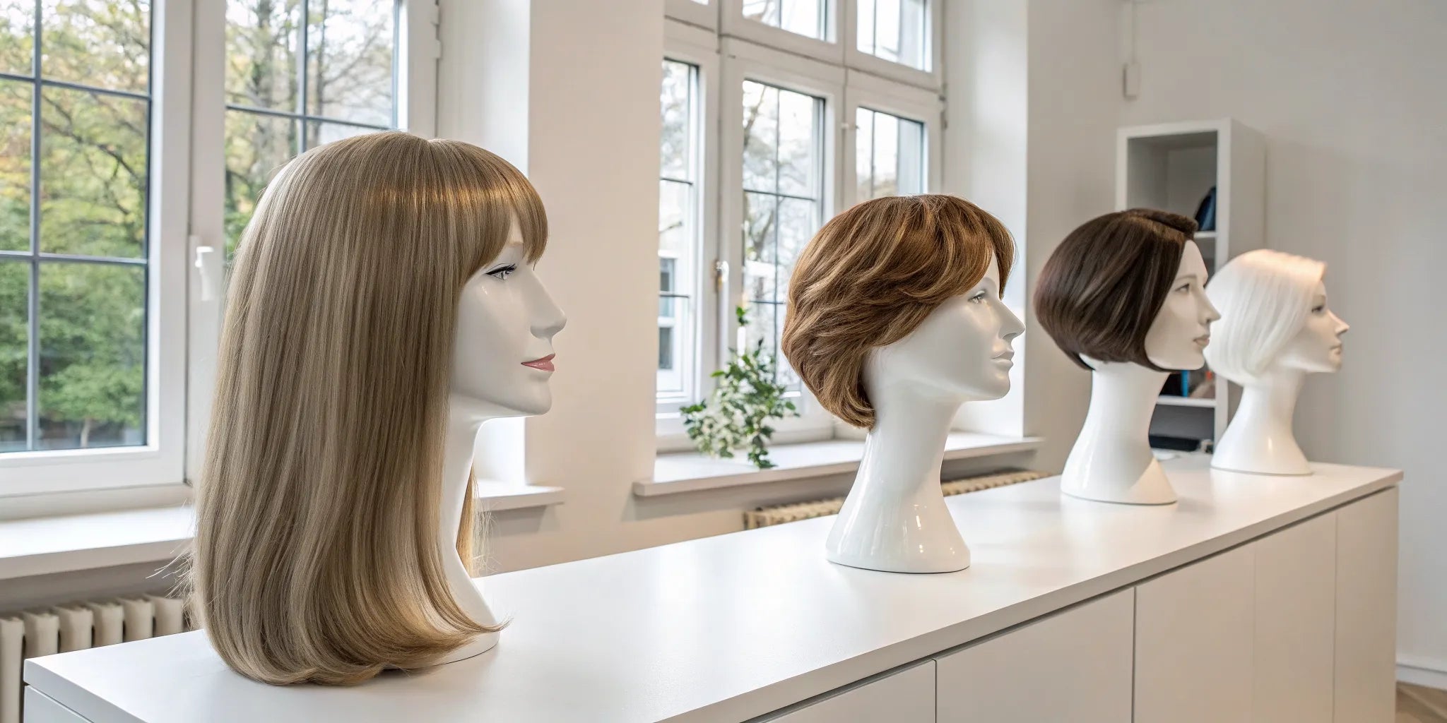 Various styles of wigs for hair loss on mannequin heads.
