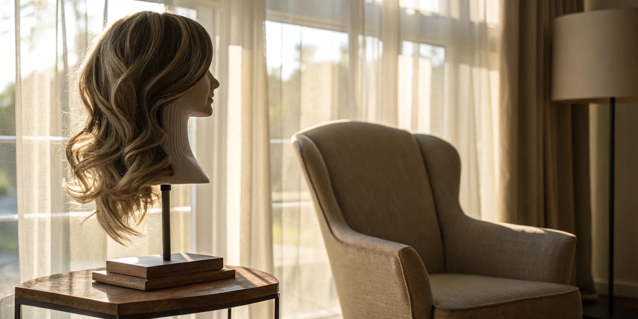 A wavy wig on a stand adds natural-looking volume for women with thin hair.