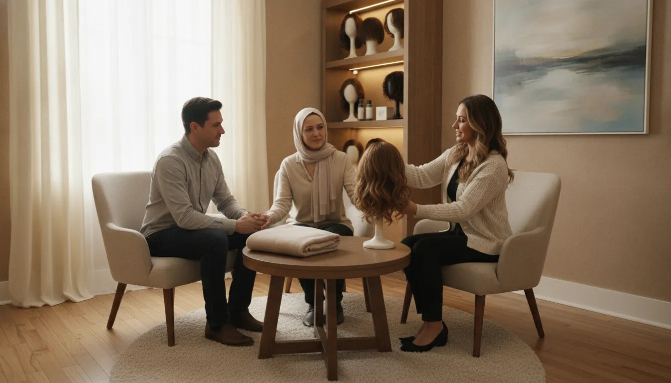 Private consultation room with a compassionate specialist and patient exploring cranial prosthesis options