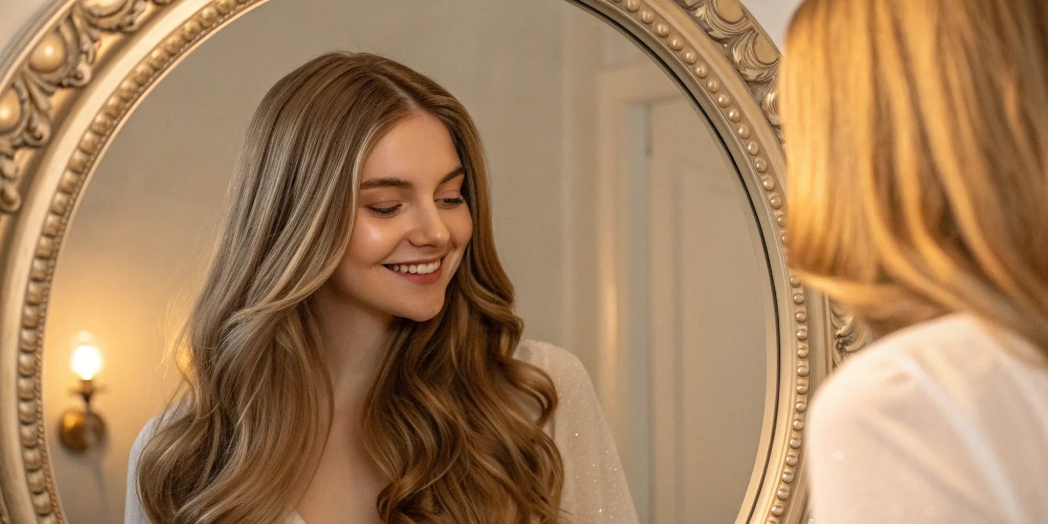 A woman admiring her new, long and wavy real hair wig.