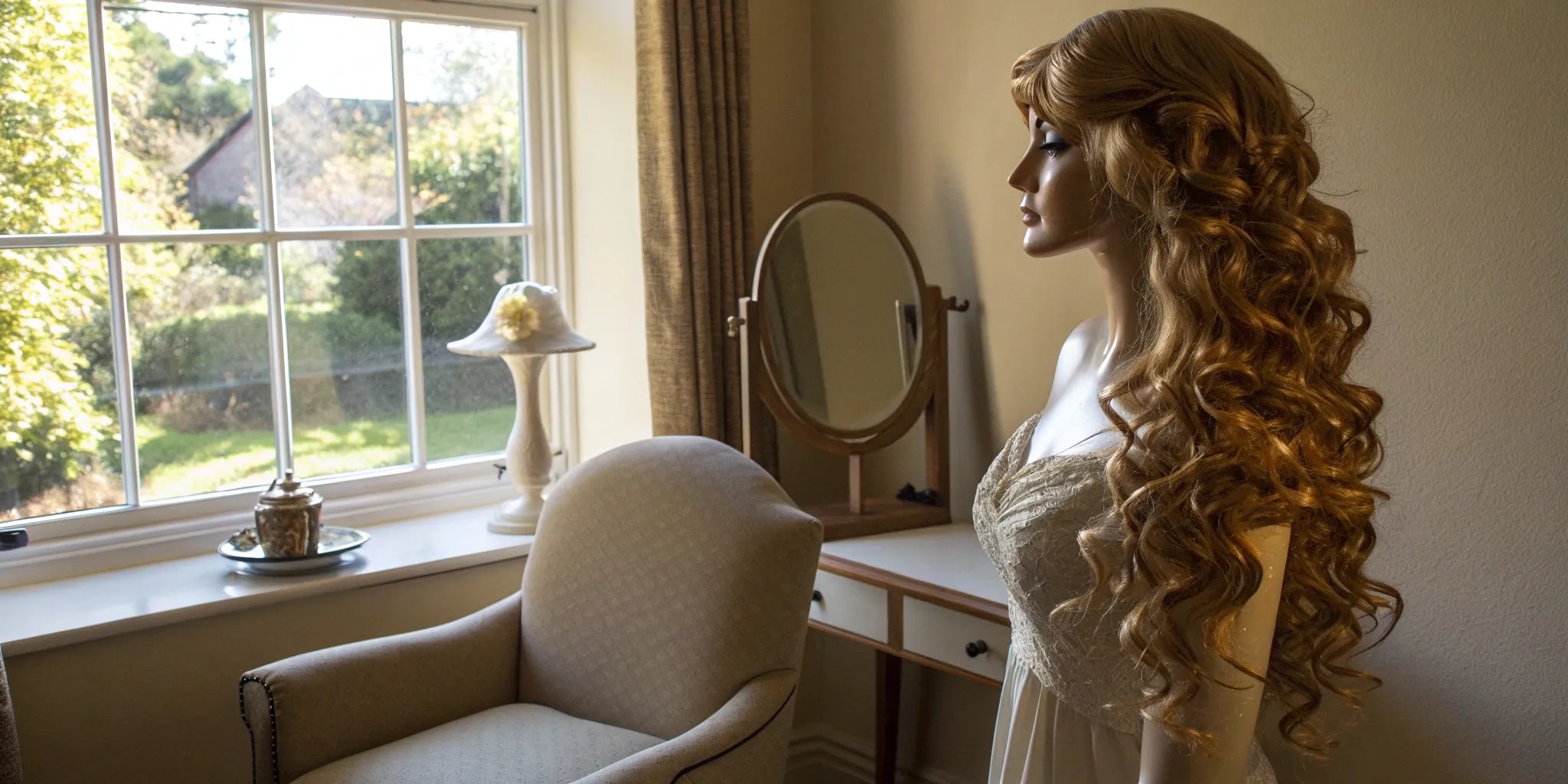 A long, wavy women's hair wig displayed on a mannequin.