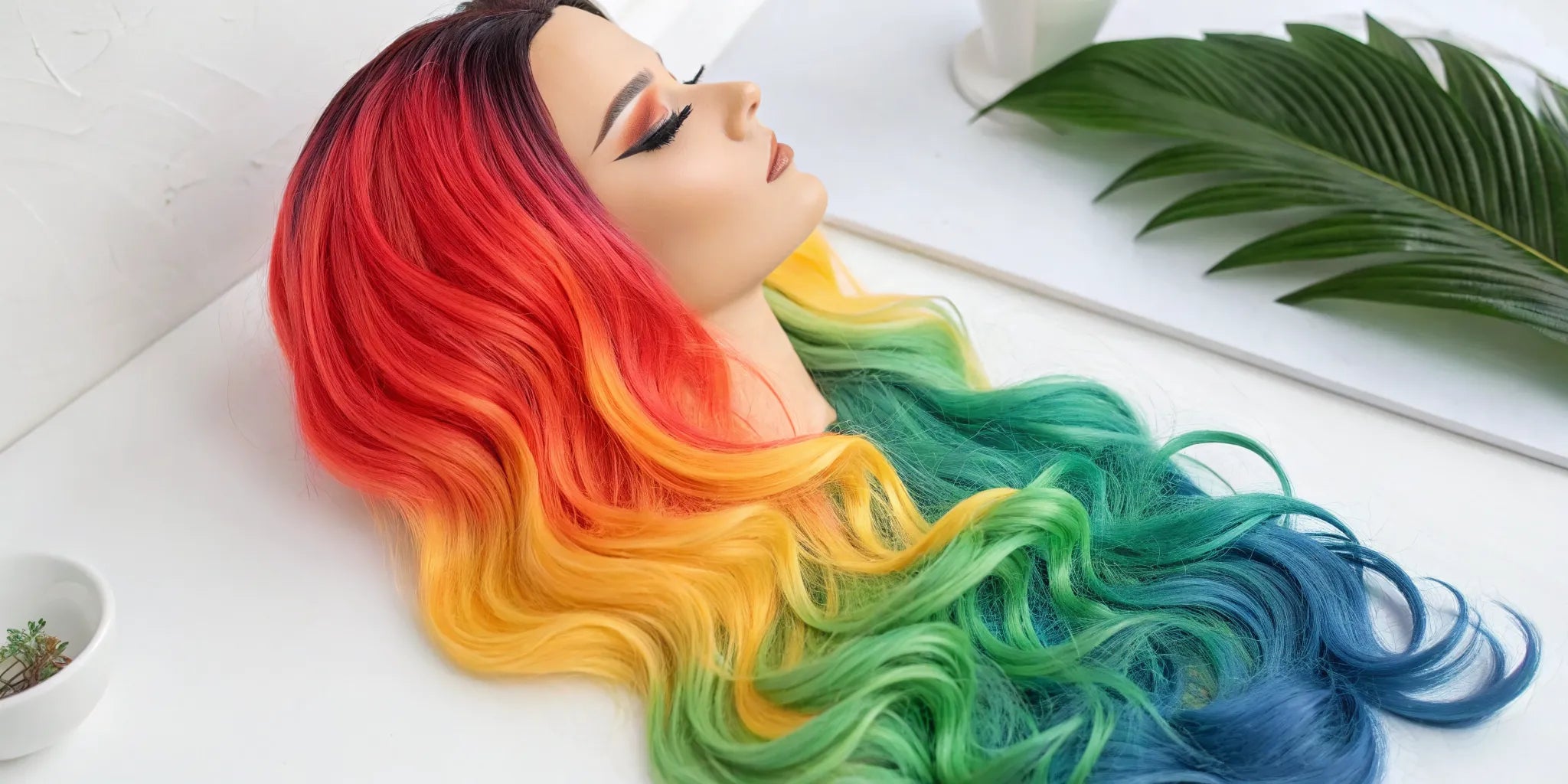 A flawlessly colored wig with long, vibrant rainbow hair on a mannequin.