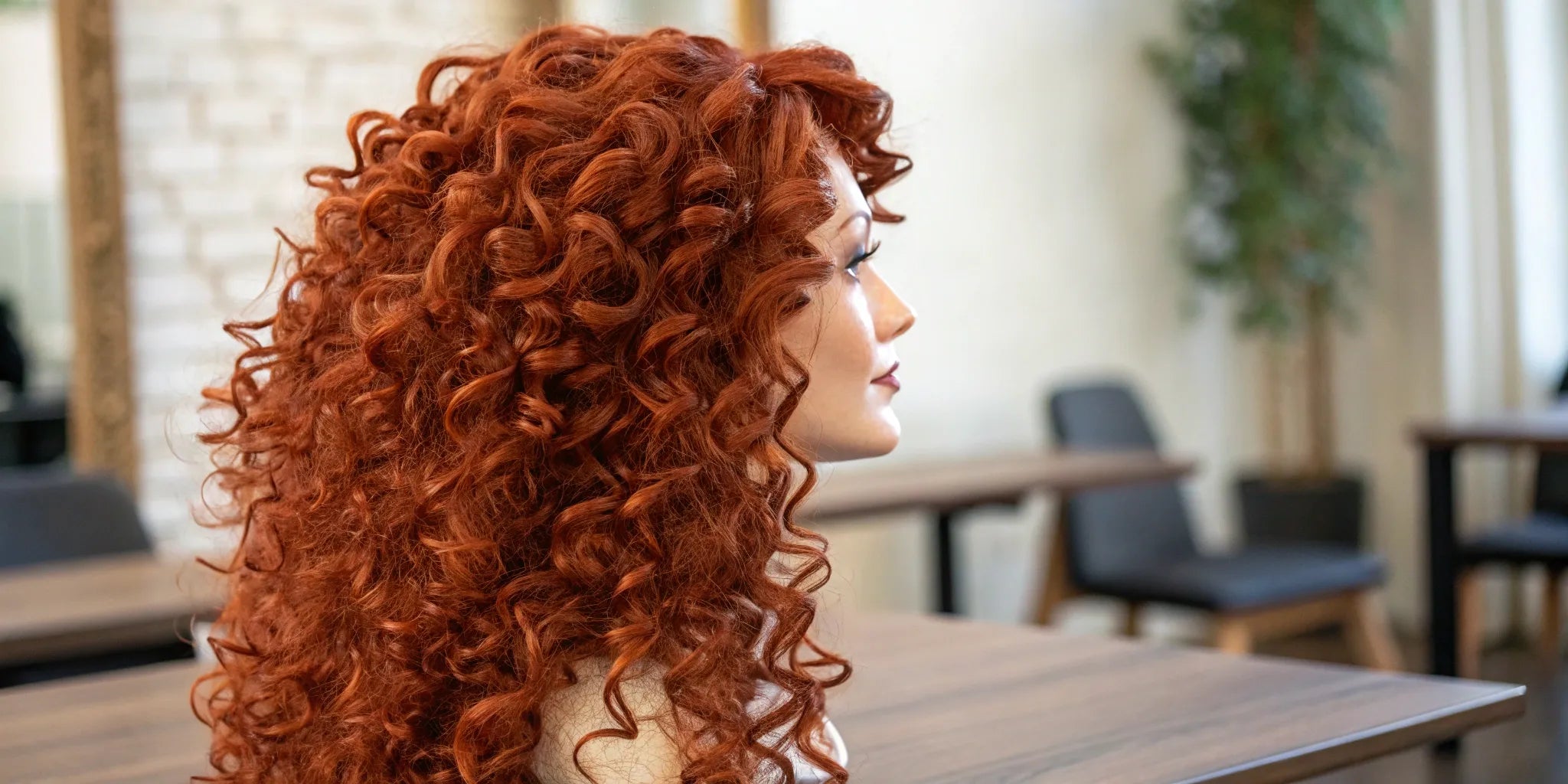 A voluminous redhead curly wig with long, tightly defined curls.